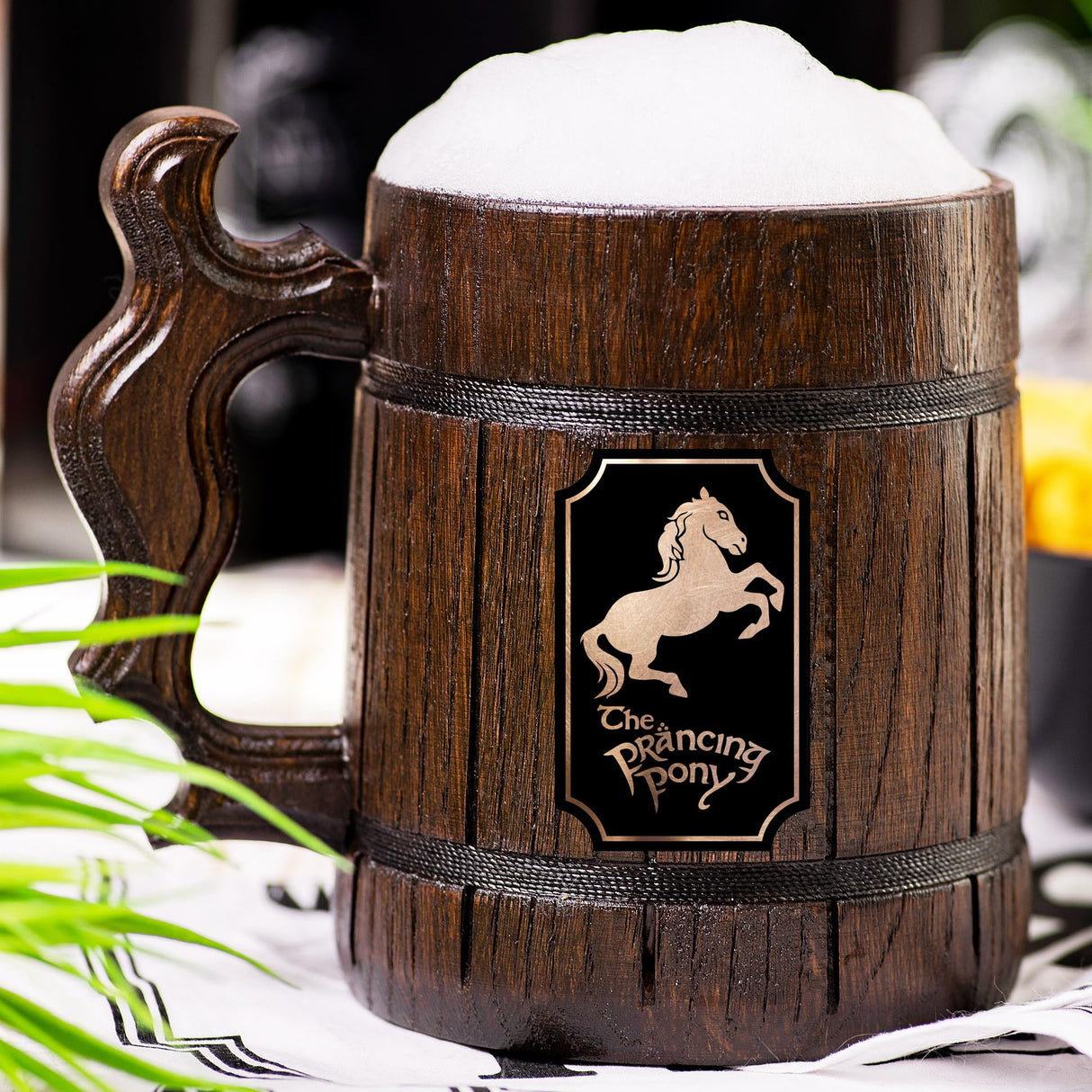 Prancing Pony Beer Mug, 22 oz, Lord Beer Stein, Personalized Wooden Beer Tankard, Beer Mugs with Handles, Groomsman Gift, Gift for Him, Gift for Man WildMugs