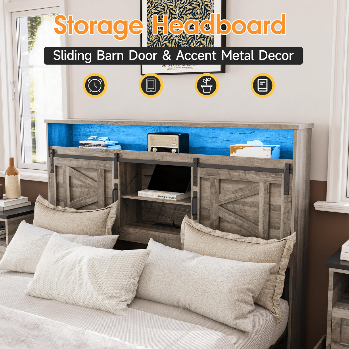 Fameill Farmhouse Queen Size Bed Frame with 4 Drawers and Bookcase Headboard, Sliding Barn Door Storage Shelves, LED Lights and Charging Station, No Box Spring Needed, Grey Fameill