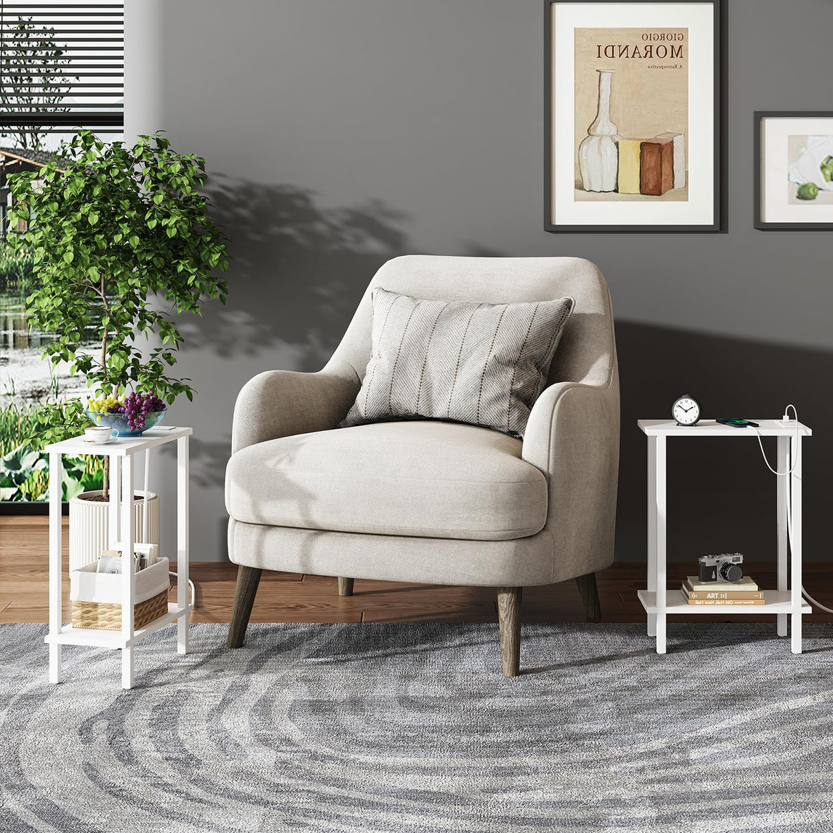 TUTOTAK Small End Table with Charging Station, Narrow Side Table with USB Ports and Outlets, Skinny Sofa Table, Slim Nightstand, Living Room, Bed Room, White TB01BW060 TUTOTAK