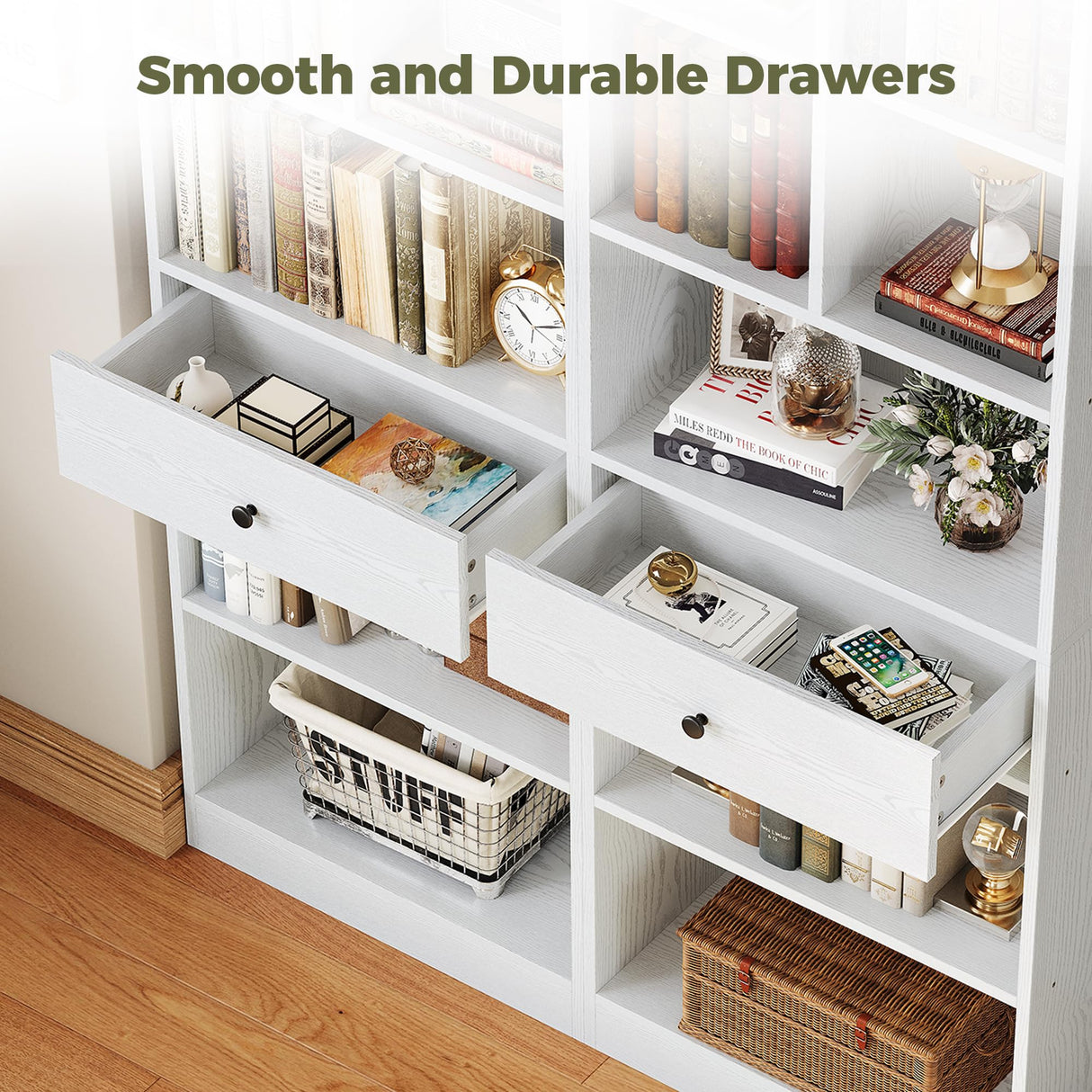 IRONCK Bookcase and Bookshelves, 70" Tall Bookshelf Floor Standing 6 Tiers Display Storage Shelves, Book Shelf with Drawers for Home Office, Living Room, Bedroom, Library, White IRONCK