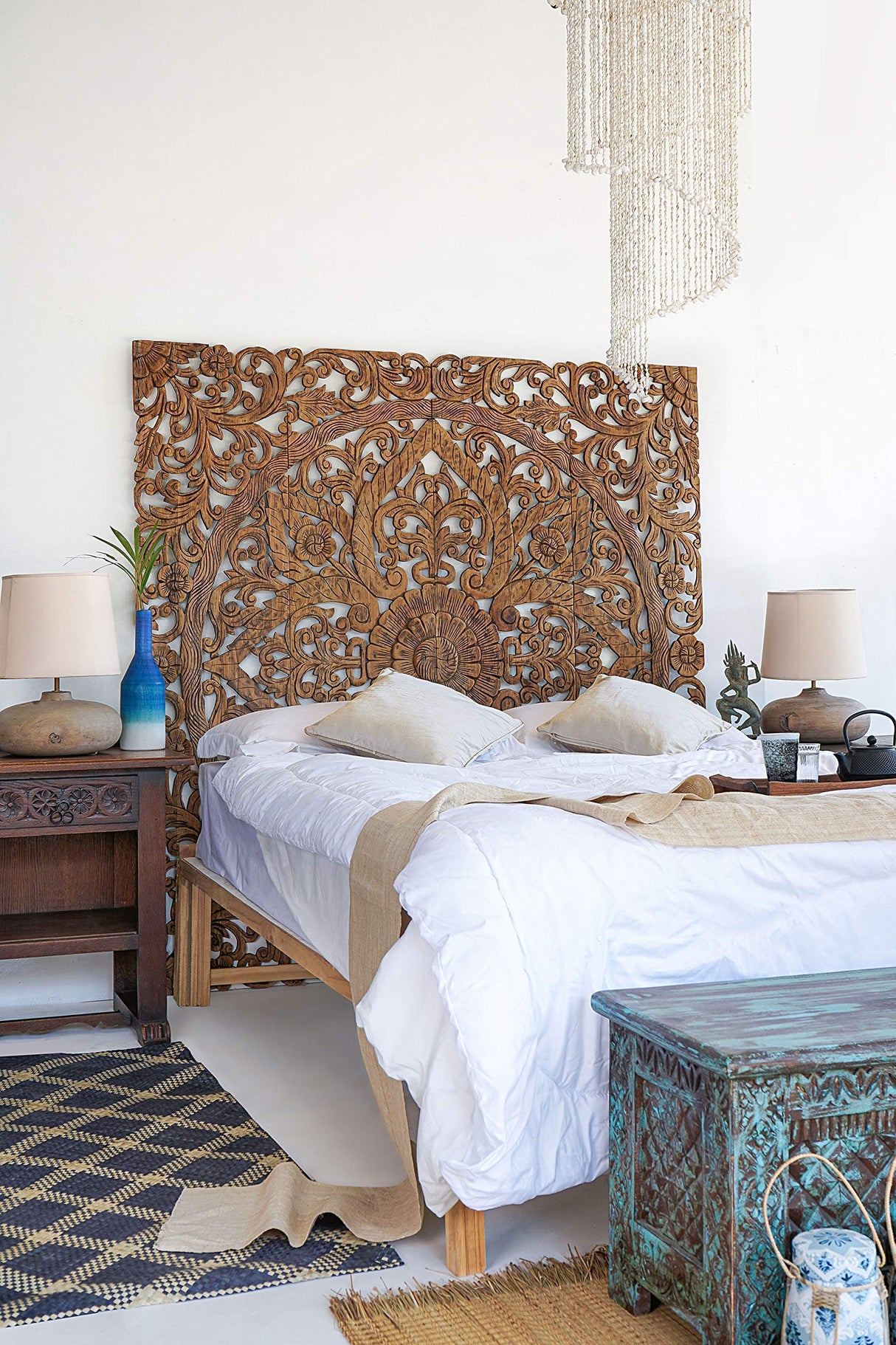Balinese Hand Carved King Size Bed Headboard Reclaimed Wooden Panels Artwork Handmade Painted in Chiang Mai Thailand 72 Inches Siam Sawadee