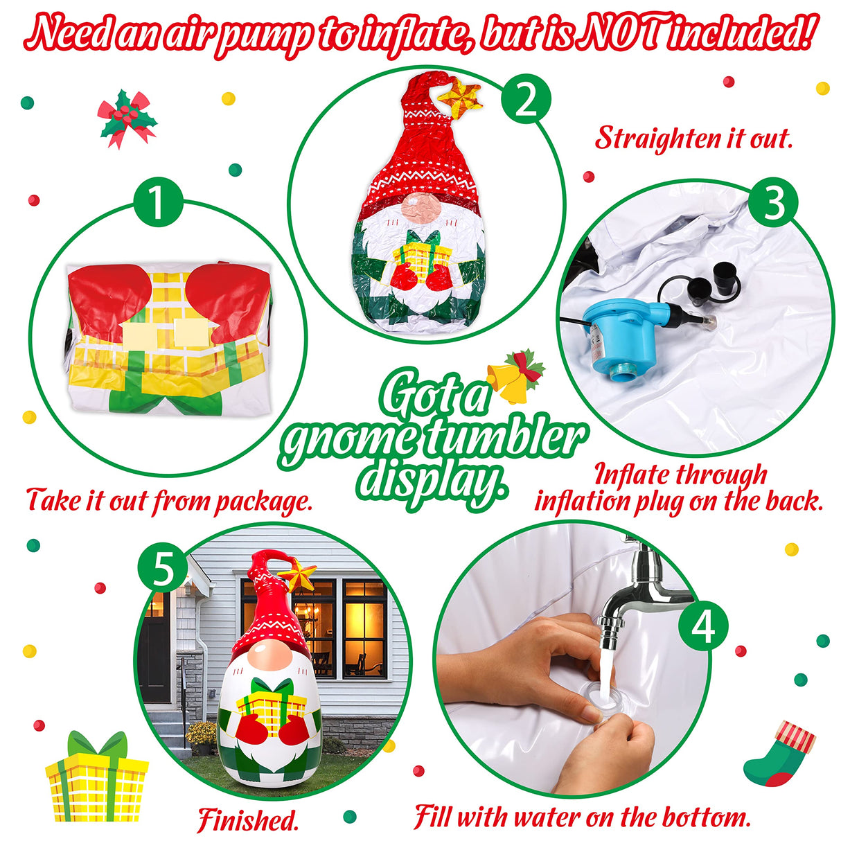 5Ft Lighted Outdoor Christmas Decorations Inflatables - Blow Up Gnome Tumbler Xmas/Winter Holiday/Happy New Year 2025 Display Indoor Party Decor Supplies Renbuzhu