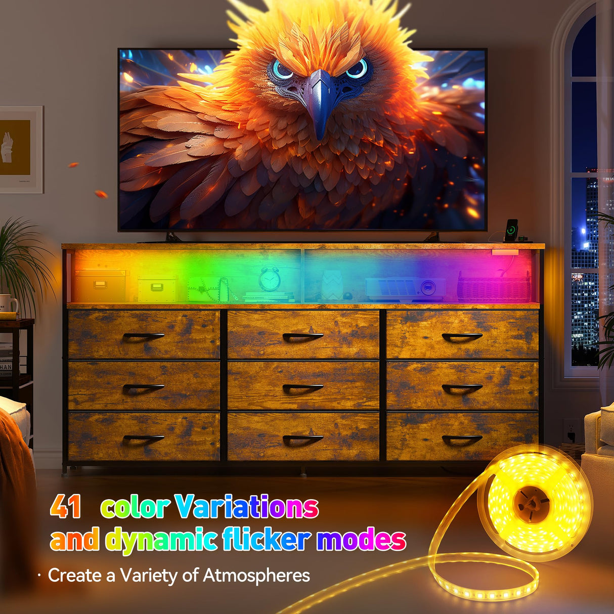 EnHomee 55” W Dresser, Rustic Brown Dresser for Bedroom with Power Outlet & LED Lights for 65" TV Stand Bedroom Dresser with 9 Fabric Drawers, Long Sturdy Dressers for Bedroom, Closet, Entryway EnHomee