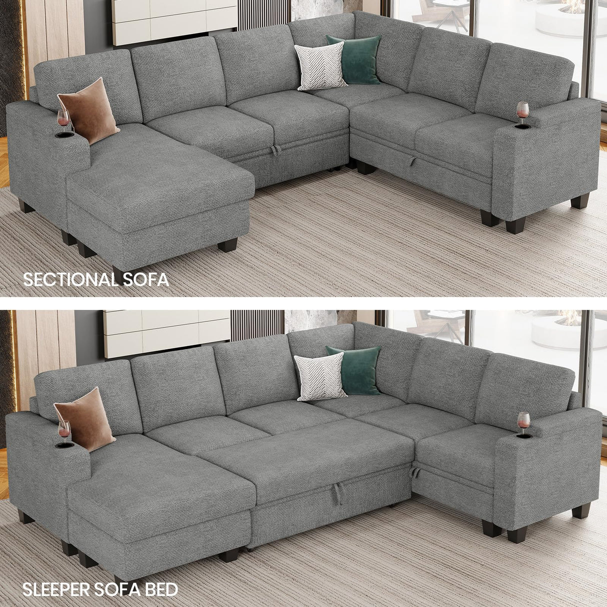 Belffin Modular Sectional Sleeper Sofa Couch Bed with Storage Chaise U Shaped Couch with Pull Out Sofa Bed for Living Room. Light Grey Couch. Belffin