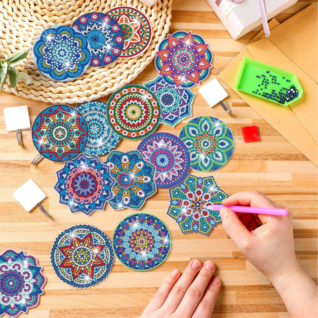 Saillong 24 Pcs Mandala Flower Diamond Painting Kit with Hooks Key Holder Adults Mandala Flower Art for Wall Decor DIY Decorations Diamond Art Painting Sticky Hooks for Towel Kitchen Decoration Saillong
