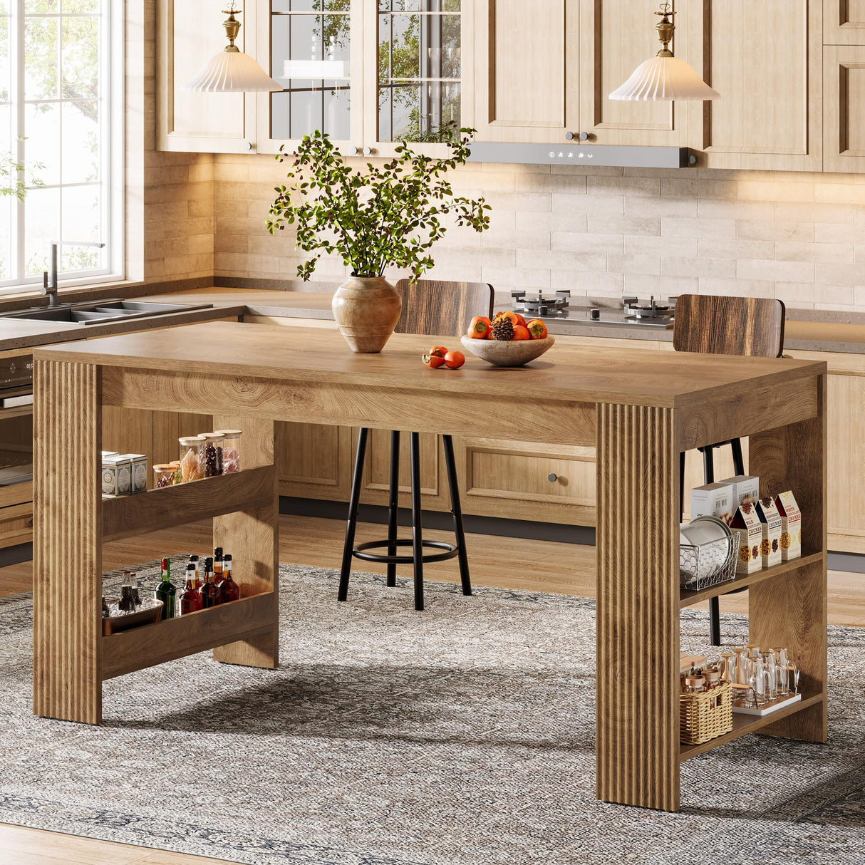 Tribesigns 63-Inch Bar Table, Farmhouse Counter Height Pub Table with Storage Shelves, High Top Bar Unit for Kitchen, Dining Room, Bistro, Natural Tribesigns