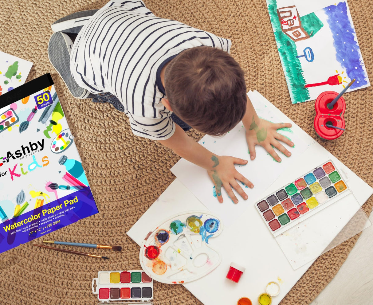 Ashby for Kids - 1 Pad (50 Sheets) of Premium Quality (220 GSM) Watercolor, Drawing, Finger Paint and Sketch Paper - Glue Bound Binding for Easy Removal - Natural White Ashby