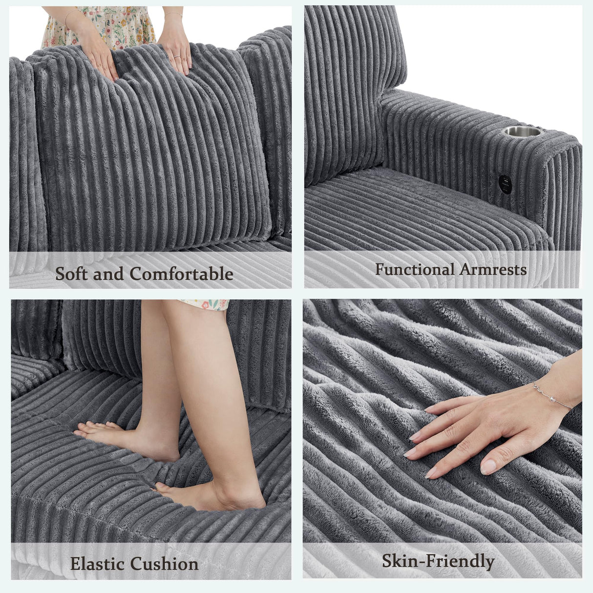 Ball & Cast L-Shaped Sleeper Sofa Bed,5 Seater Sectional Couch with Pull Out Bed and USB Charging,Cupholders & Storage Seats,Convertible Sofa Bed for Living Room,Apartment,Corduroy Fabric,Gray,81" Ball & Cast