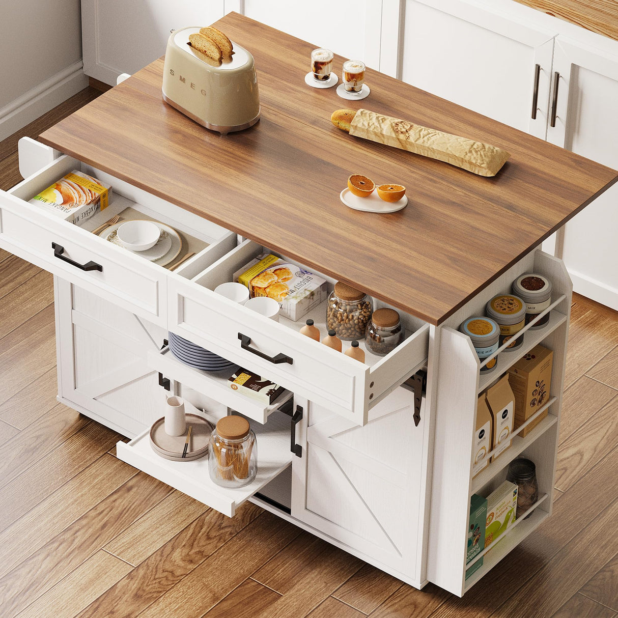 IRONCK Kitchen Island with Storage, Rolling Kitchen Island Cart with Drop Leaf Countertop, Island Table for Kitchen with Pull-Out Shelf, Barn Doors, for Dining Room, Home Bar, White IRONCK