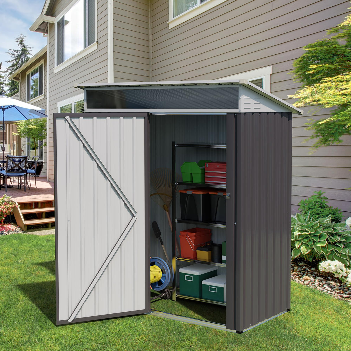 Vongrasig 5 x 3 FT Outdoor Storage Shed, Metal Shed Small Garden Tool Storage Shed with Large Window and Lockable Door for Outside Backyard Patio Lawn (Dark Grey) Vongrasig