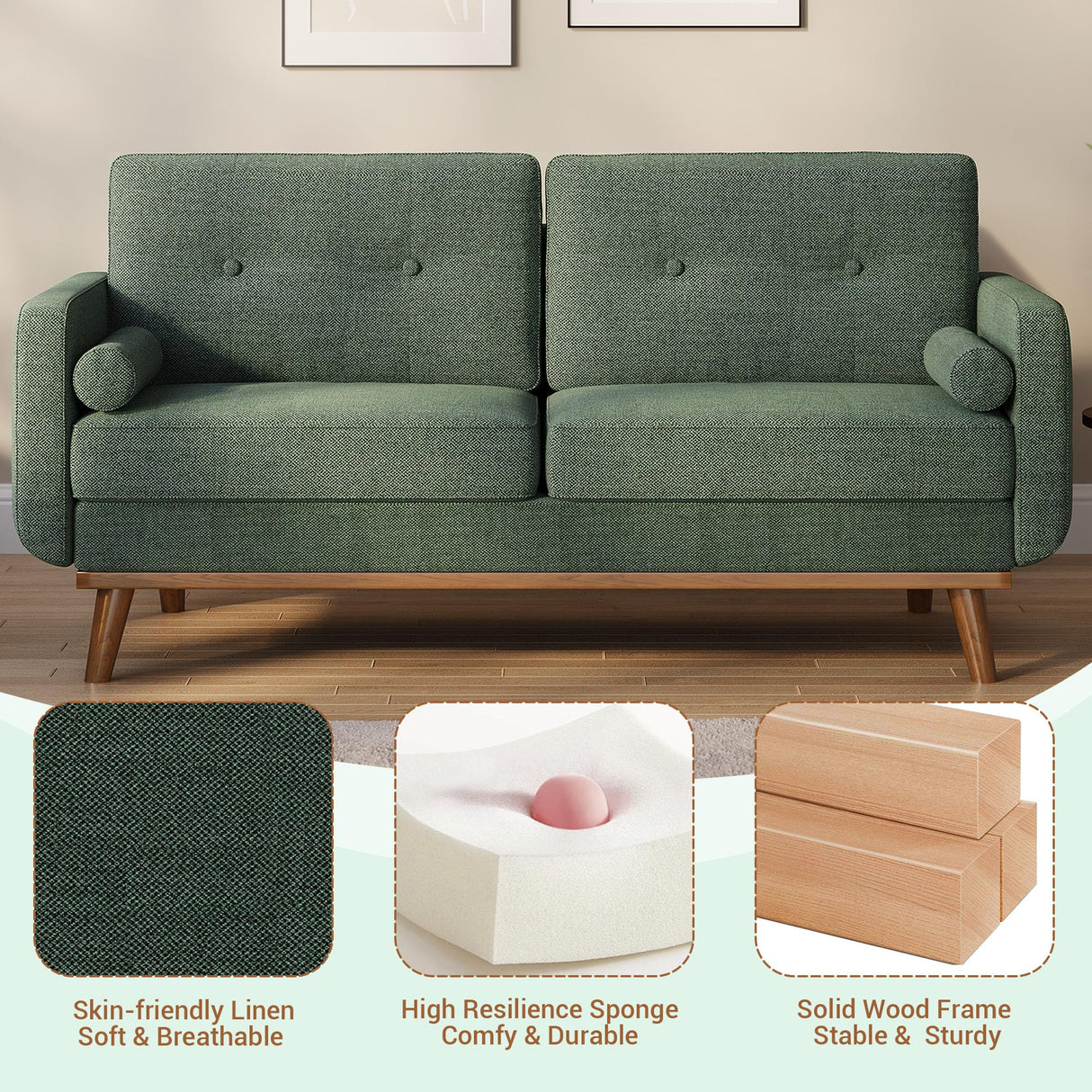 Garvee 65 in Mid Century Modern Loveseat Sofa for Small Spaces, 2 Seater Linen Upholstered Couch with Button Tufted Design & Wood Legs, Small Couch for Living Room, Bedroom, Office, Apartment, Green Garvee