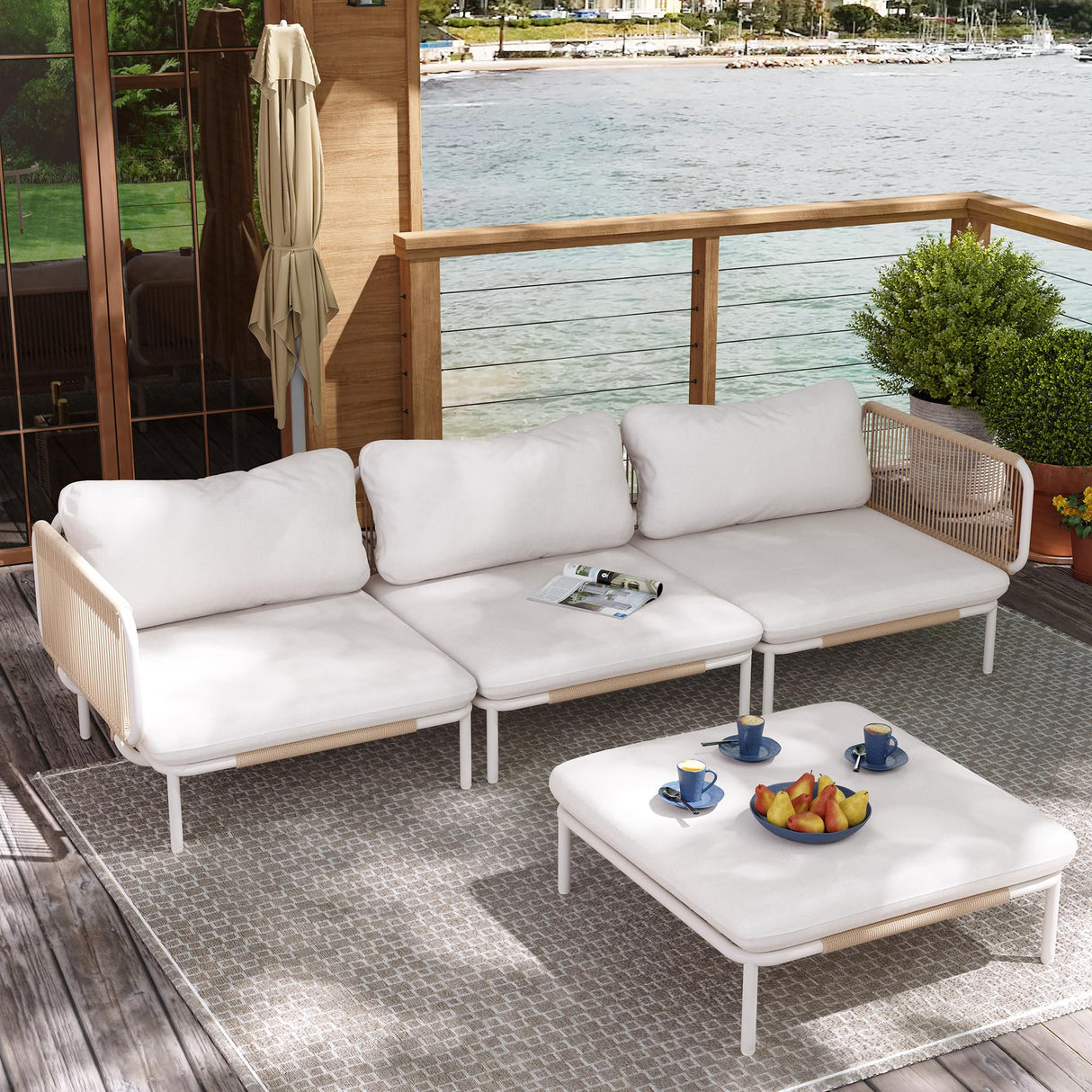 VredHom Patio Furniture Set, Outdoor Patio Furniture Oversized Metal Patio Sectional Sofa, 4-Seat Conversation Set with Cushion for Indoor and Outdoor, White Frame & Beige Mat (4 Seats 8 Armrests) VredHom