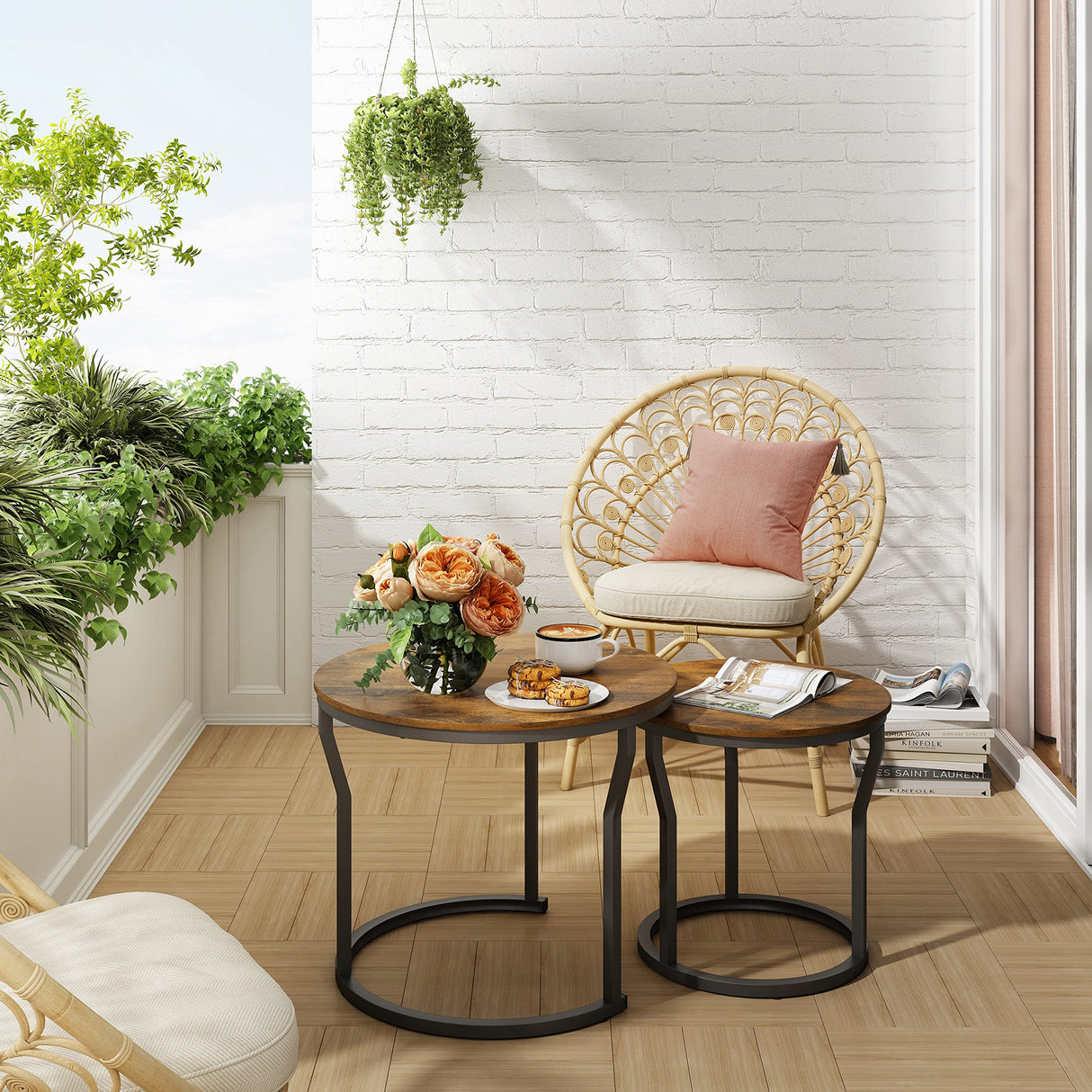 Hoctieon Nesting Coffee Tables, Round Nesting Tables Set of 2, End Tables, Stacking Nesting Tables for Living Room, Circle Coffee Tables, Side Tables Wooden Table Top, Rustic Brown Hoctieon