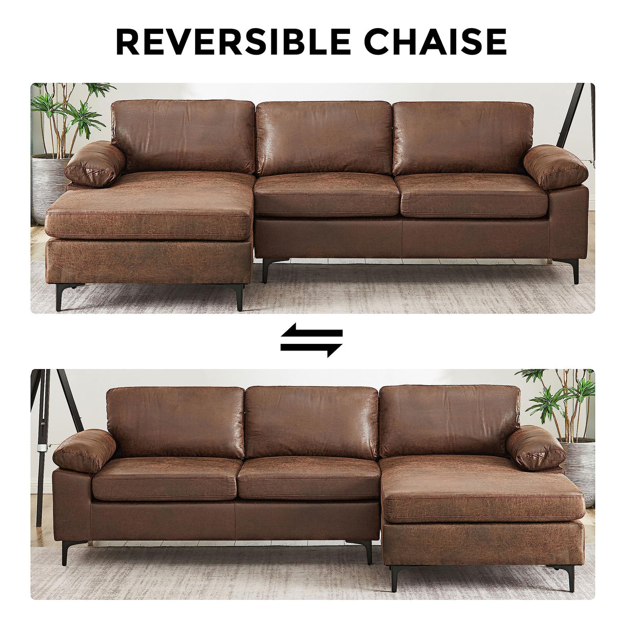 VANOMi 100" Sectional Couch for Living Room, Modern Faux Leather Modular Sectional Sofa 3-Seater Convertible Sofa with Chaise for Apartment, Right/Left-L-Shaped, Dark Brown VANOMi