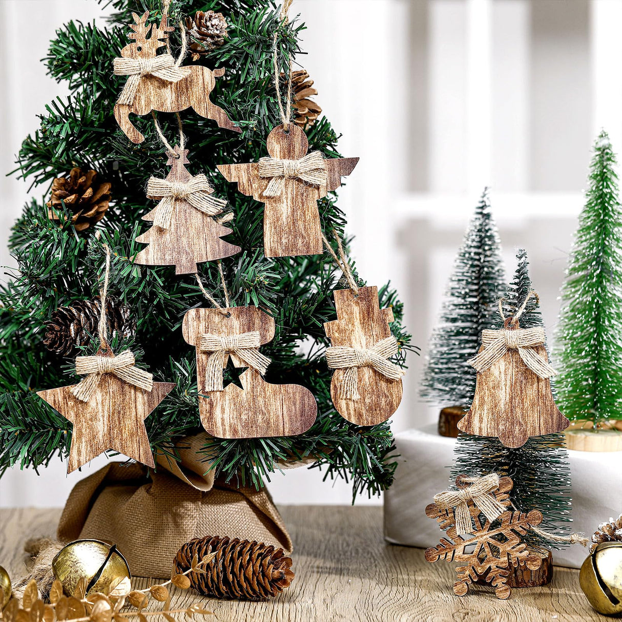 Lineshading 8 Pcs Rustic Christmas Tree Ornaments Xmas Angles Snowflake Wood Ornaments Angel Snowman Farmhouse Wood Decorations Christmas Tree Hanging Ornaments for Home Winter Party Lineshading