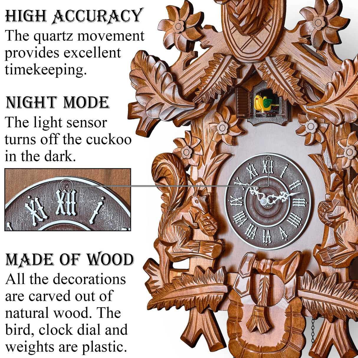 TIMEGEAR Cuckoo Clock with Automatic Night Mode, Hand Carved Deer Head and Wooden Decorations (Brown) TIMEGEAR