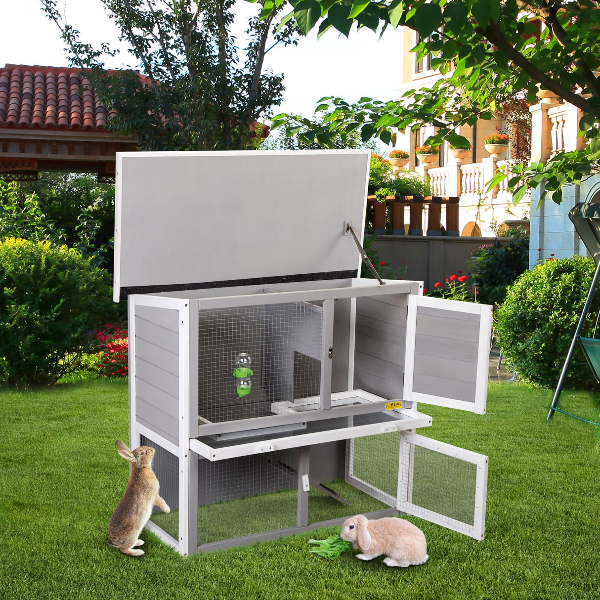 COZIVVOVV Wooden Rabbit Hutch Indoor Outdoor for Multiple Rabbits, Bunny Run Cage, 2-Tier Chicken Coop, Small Animal Pens Hutches Cat Kitten Enclosure COZIVVOVV