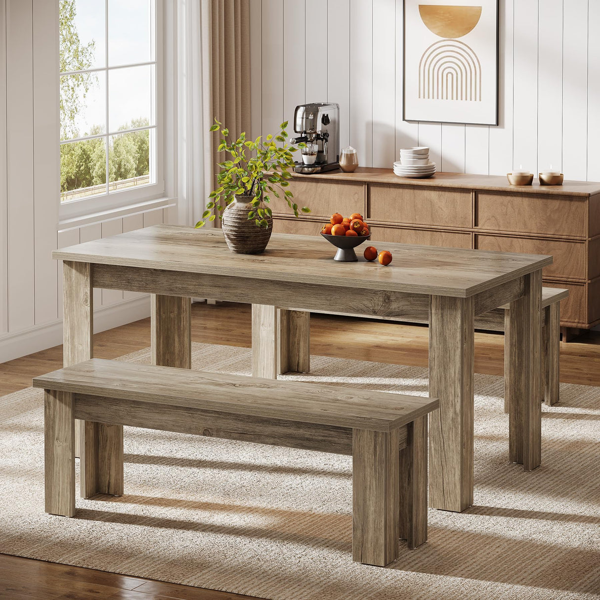 Tribesigns Dining Table Set for 6, 55.1-Inch Rectangle Kitchen Table with 2 Benches, 3-Piece Wooden Dining Room Table Set for Kitchen Tribesigns