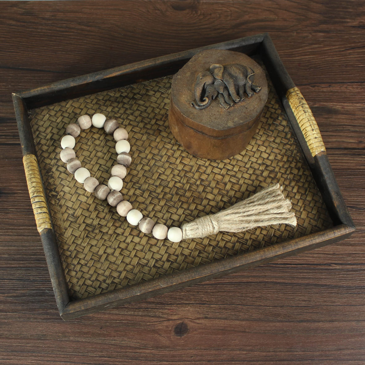 CVHOMEDECO. Wood Bead Garland with Tassels 3 PCS Farmhouse Rustic Wooden Prayer Beads String Wall Hanging Accent for Home Festival Decoration. Mix Distressed CVHOMEDECO.