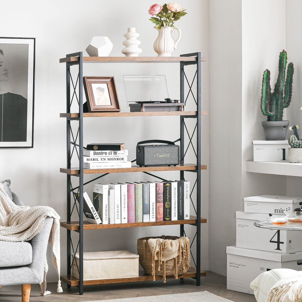 HCHQHS Bookshelf, 5-Tier Industrial Bookcase, Rustic Open Book Shelf, Freestanding Tall Bookshelves with Metal Frame HCHQHS