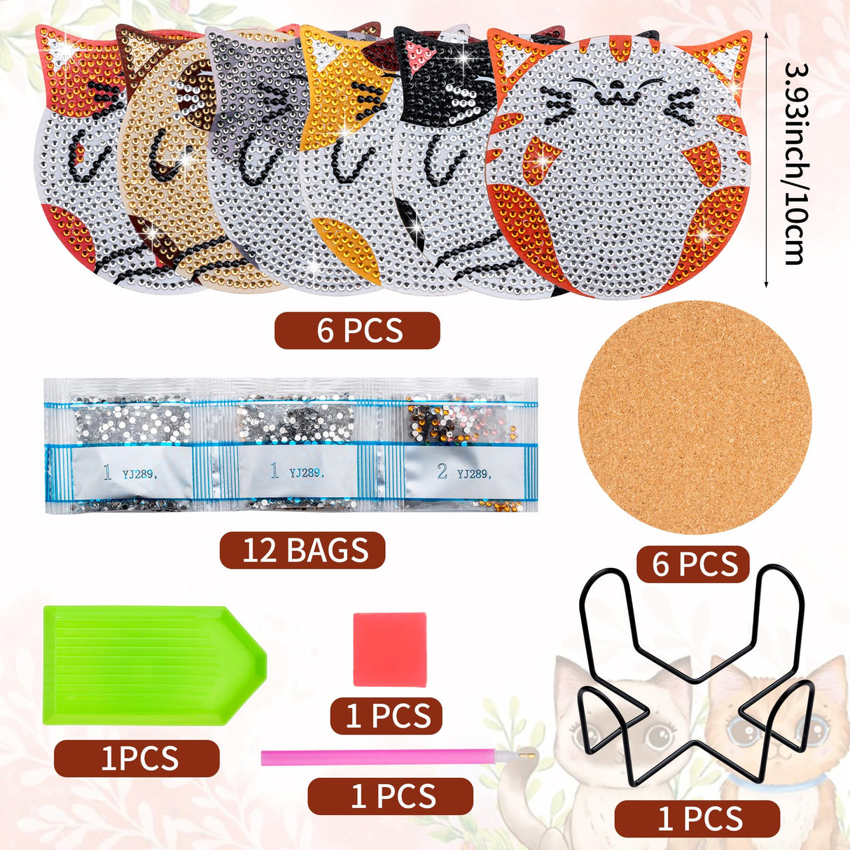 handlish 6 Pieces of Cute cat Diamond Art Coaster with Stand, Adult and Child Diamond Painting Art Set, DIY Diamond Art for Beginners, Family Craft Items (CAT) handlish