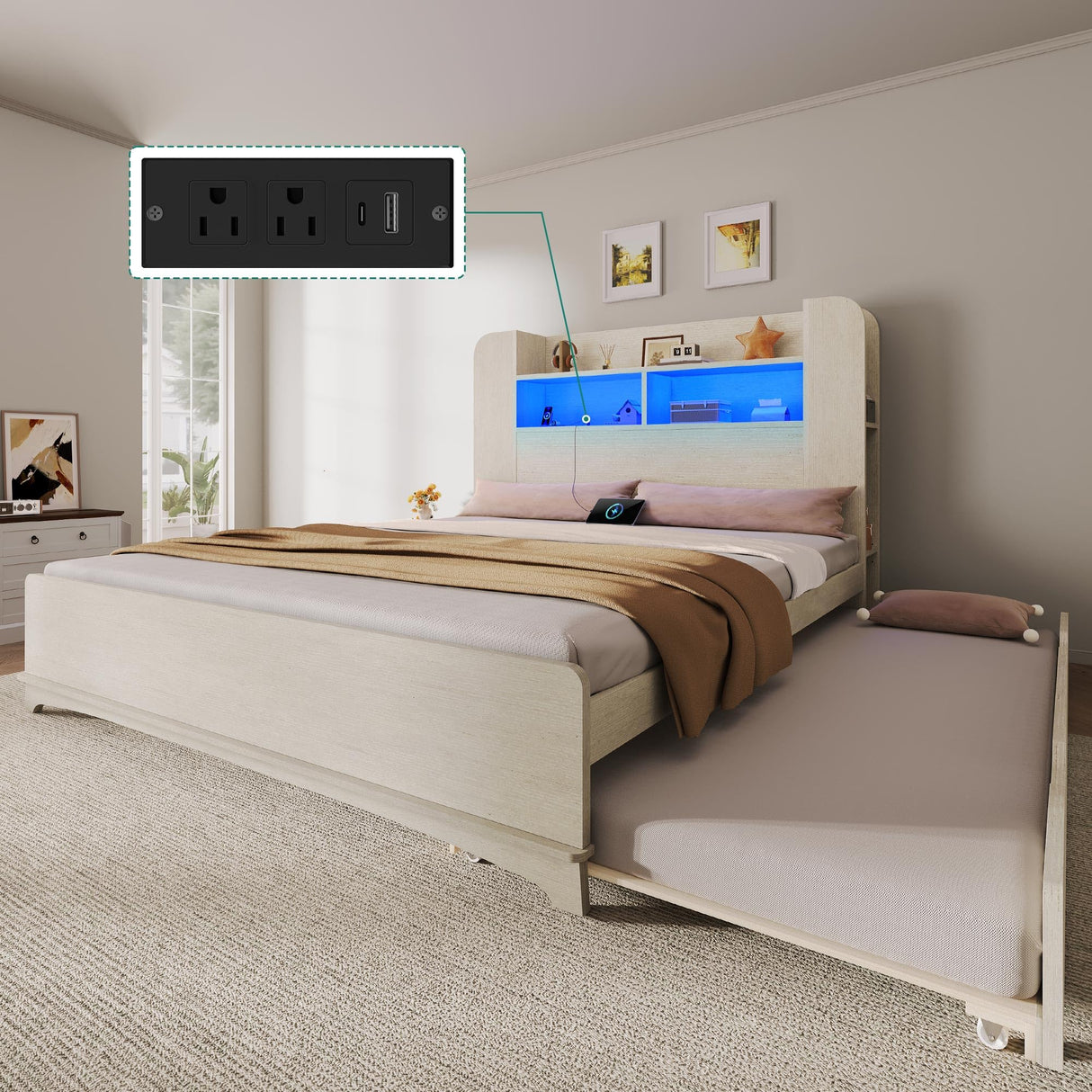 YITAHOME Beds with Trundle, Full Size Bed Frame with Bookcase Daybed Storage Headboard and Charging Station, RGB LED Lights Bed with Wooden Support for Bedroom, No Box Spring Needed, Noise Free, White YITAHOME