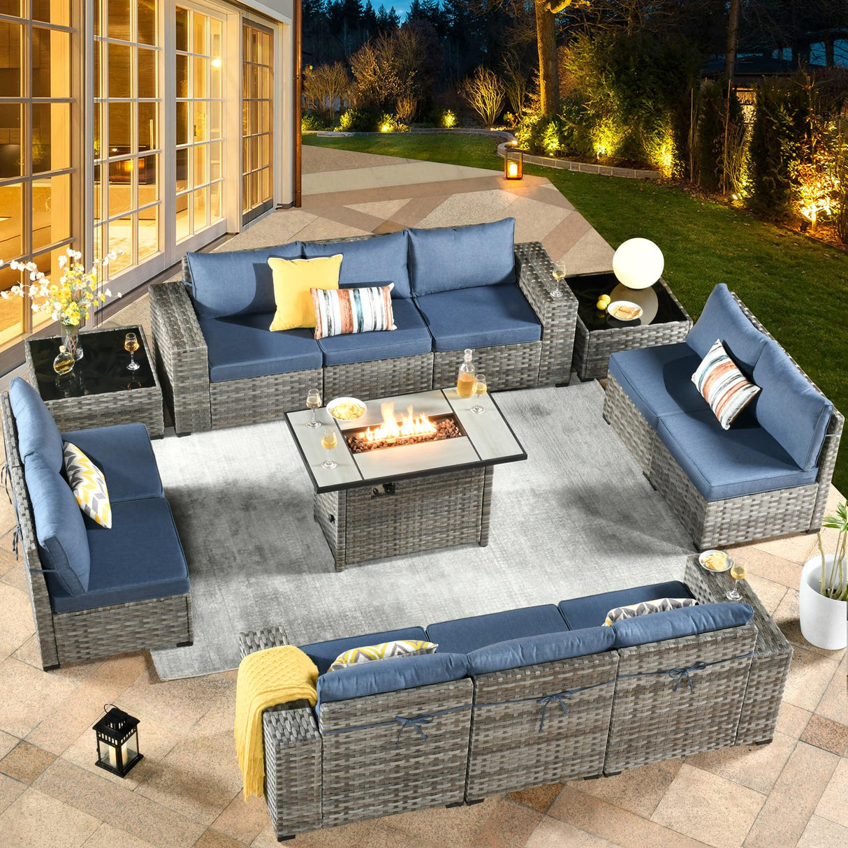 HOOOWOOO 13 Piece Modular Patio Outdoor Sectional Furniture Set with Gas Propane Fire Pit Table,Wicker Conversation Sofa Set,Out Door Couch Set with Wide Arm Outside(Denim Blue) HOOOWOOO