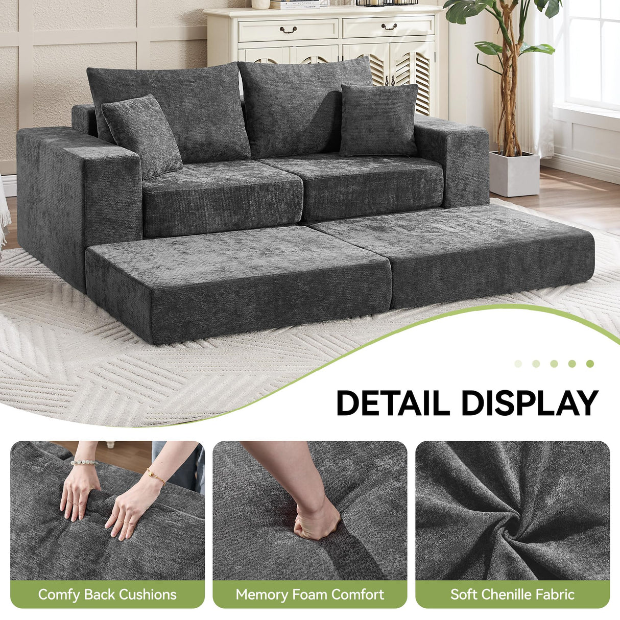 79" Boneless Cloud Loveseat Sofa Couch, Modular Foldable Floor Sofa with Ottoman, Chenille Lounge Convertible Sofa Bed for Living Room, No Assembly, Dark Grey Hatppto