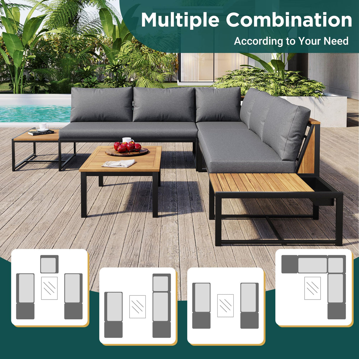 Merax Patio Furniture Set with Coffee Table & Loveseats, 4 Pieces Iron-Wood Design Outdoor Sectional Sofa, L-Shaped Conversation Set with Waterproof Cushions for Garden, Backyard, Poolside, Gray Merax