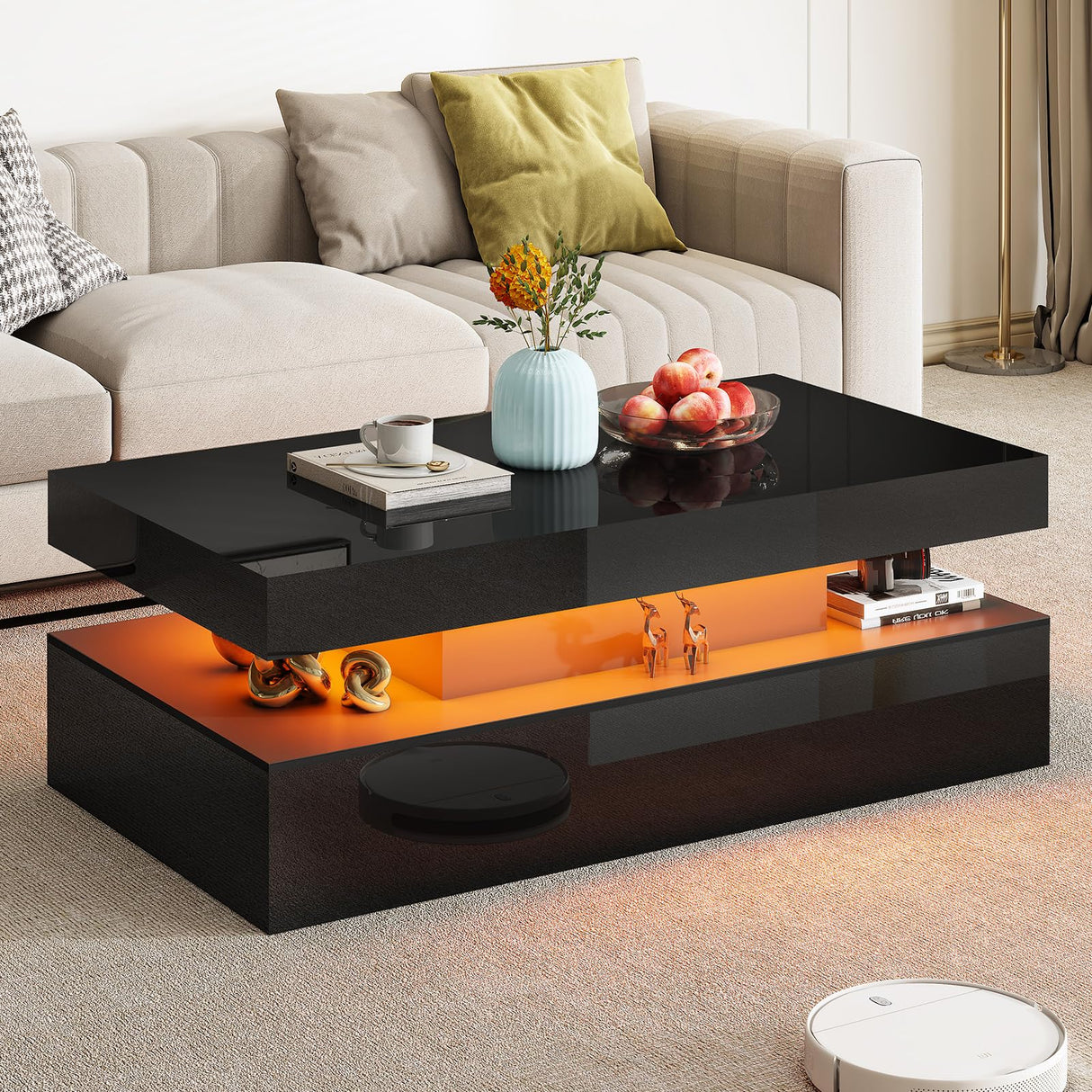 AMERLIFE High Gloss LED Coffee Table, Modern 2-Tier Center Table with LED Lights, Open Storage Space, 40in Simple Rectangular Sofa Side Table for Living Room, Black AMERLIFE