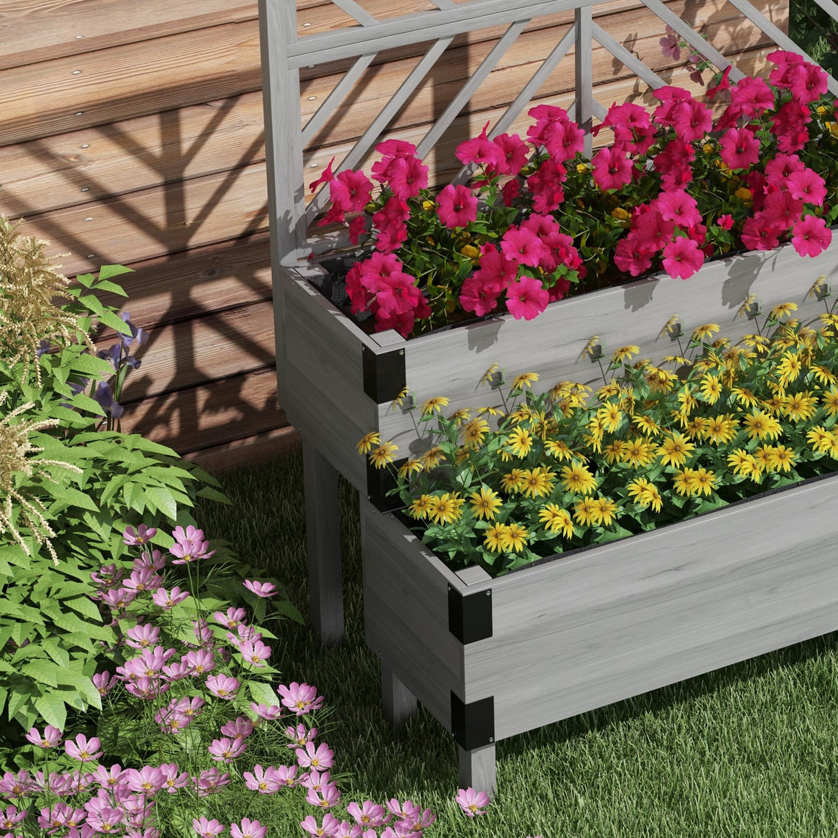 Outsunny Raised Garden Bed with Trellis, 2 Tier Wooden Elevated Planter Box with Legs and Metal Corners for Vegetables, Flowers, Herbs, Gray Outsunny