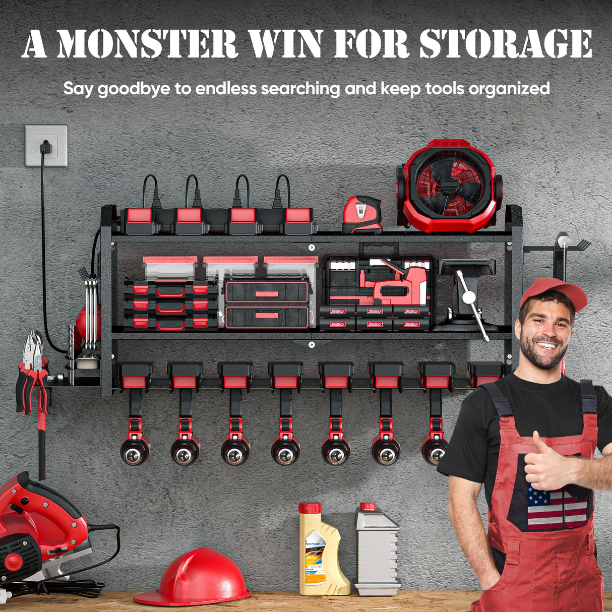 Power Tool Organizer with Charging Station Wall Mount, Built in 8 Outlet Surge Protection Power Strip, Drill Holder Wall Mount, Heavy Duty Metal Power Tool Storage Rack for Garage Organization Black Nacial