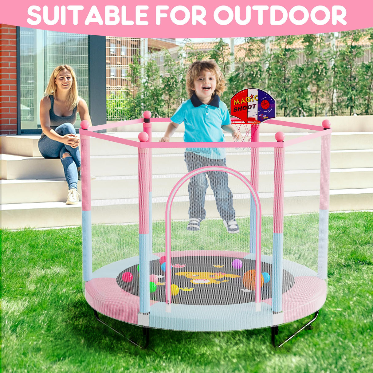 60" Trampoline for Kids, 5 FT Toddler Baby Trampoline with Safety Enclosure Net, Indoor or Outdoor Pink/Blue Small Trampolines with Basketball Hoop, Birthday Gifts for Kids, Gifts for Girl Age 3-8 VGMiu