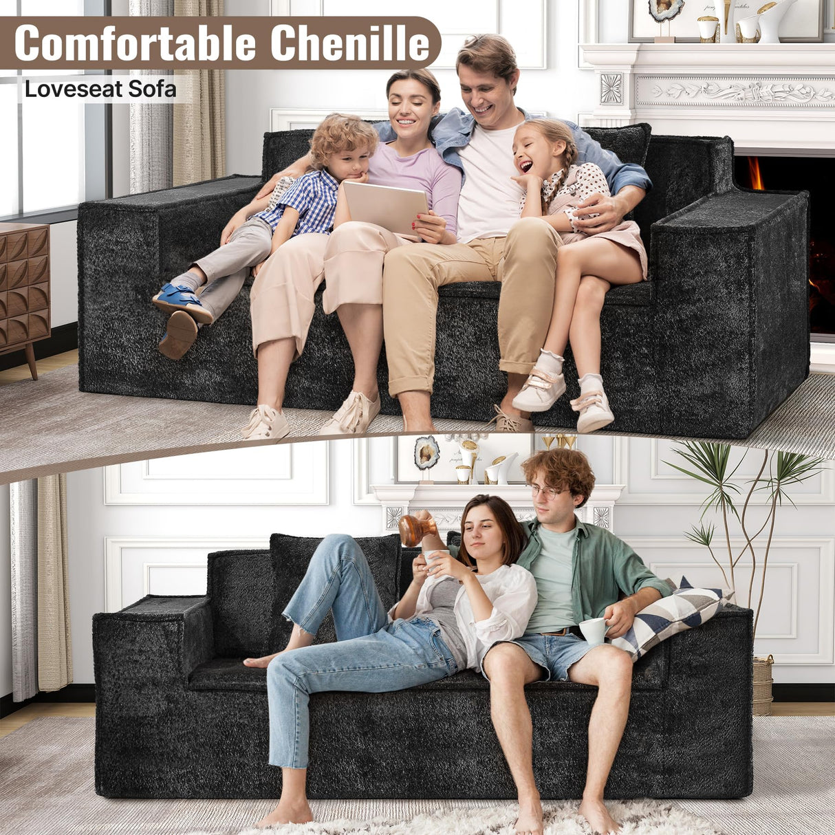 77'' Modern Cloud Loveseat Couch, No Assembly Required Deep Seat Sofa in Chenille Includes 2 pcs Pillows for Living Room, Bedroom, Apartment(Black) Luxanimarion