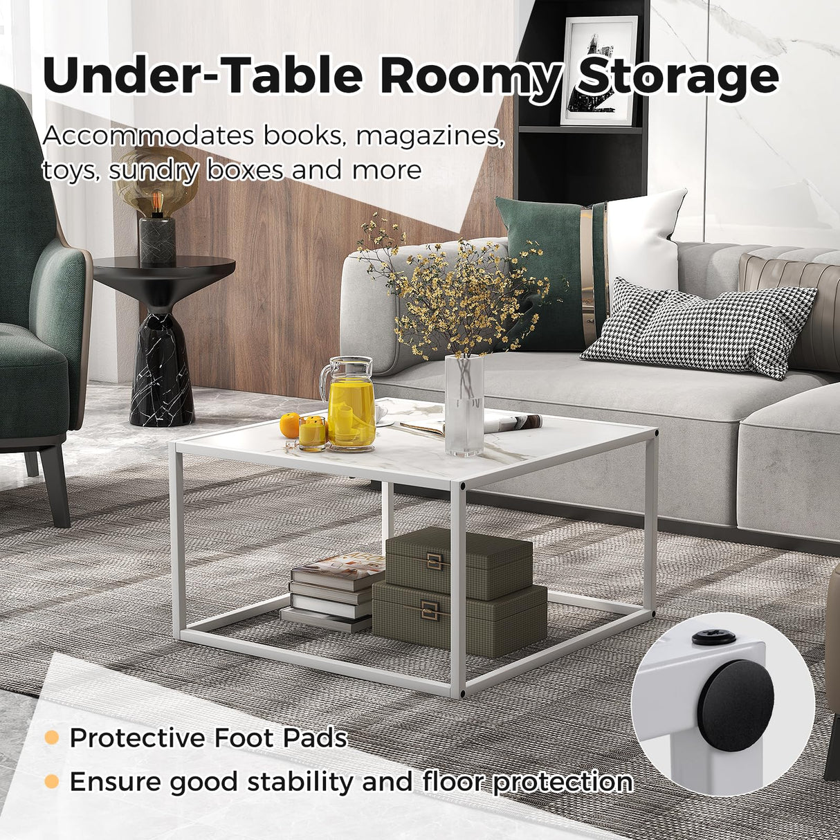 Giantex Square Coffee Table with Faux Marble Tabletop & Steel Frame, Center Cocktail Table, Accent Living Room Furniture, Low Bedside Table, Easy Assembly (White) Giantex