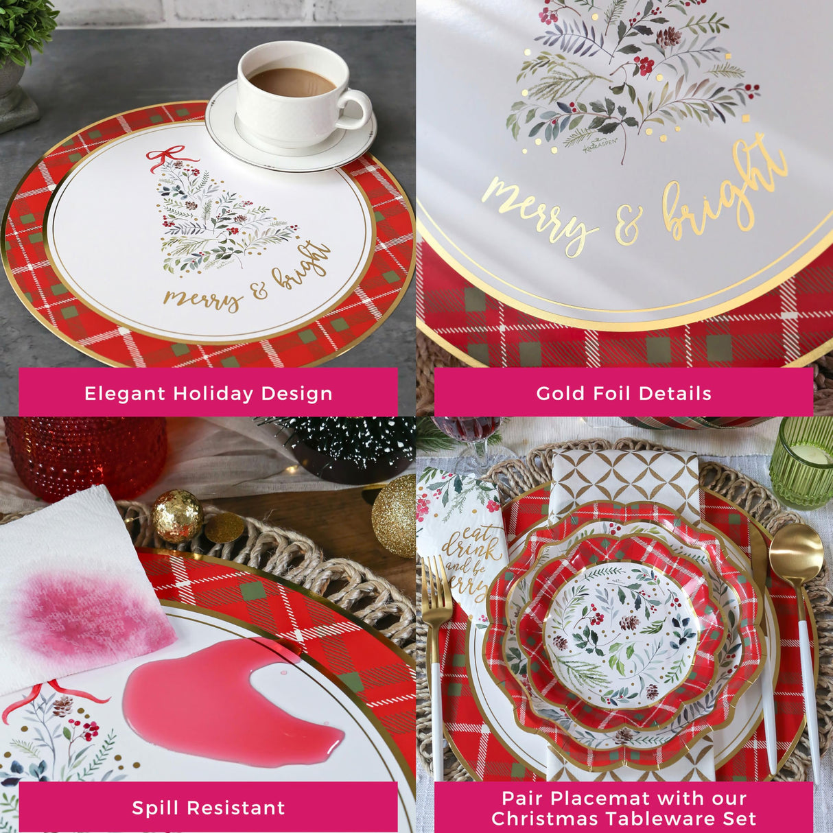 Kate Aspen 13" Disposable Holiday Placemats/Chargers, 24-Pack – Spillproof & Durable Merry & Bright Christmas Tree Design & Festive Red & Green Plaid Border Kate Aspen