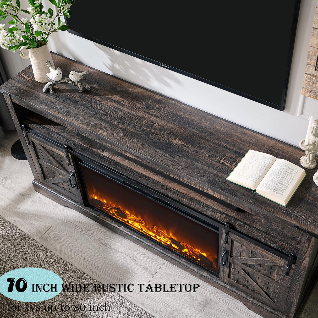 OKD Fireplace TV Stand for 80 Inch TV, 33" Tall Highboy Farmhouse Entertainment Center w/ 36'' Electric Fireplace, Rustic Media Console w/Sliding Barn Door for Living Room, Dark Rustic Oak OKD
