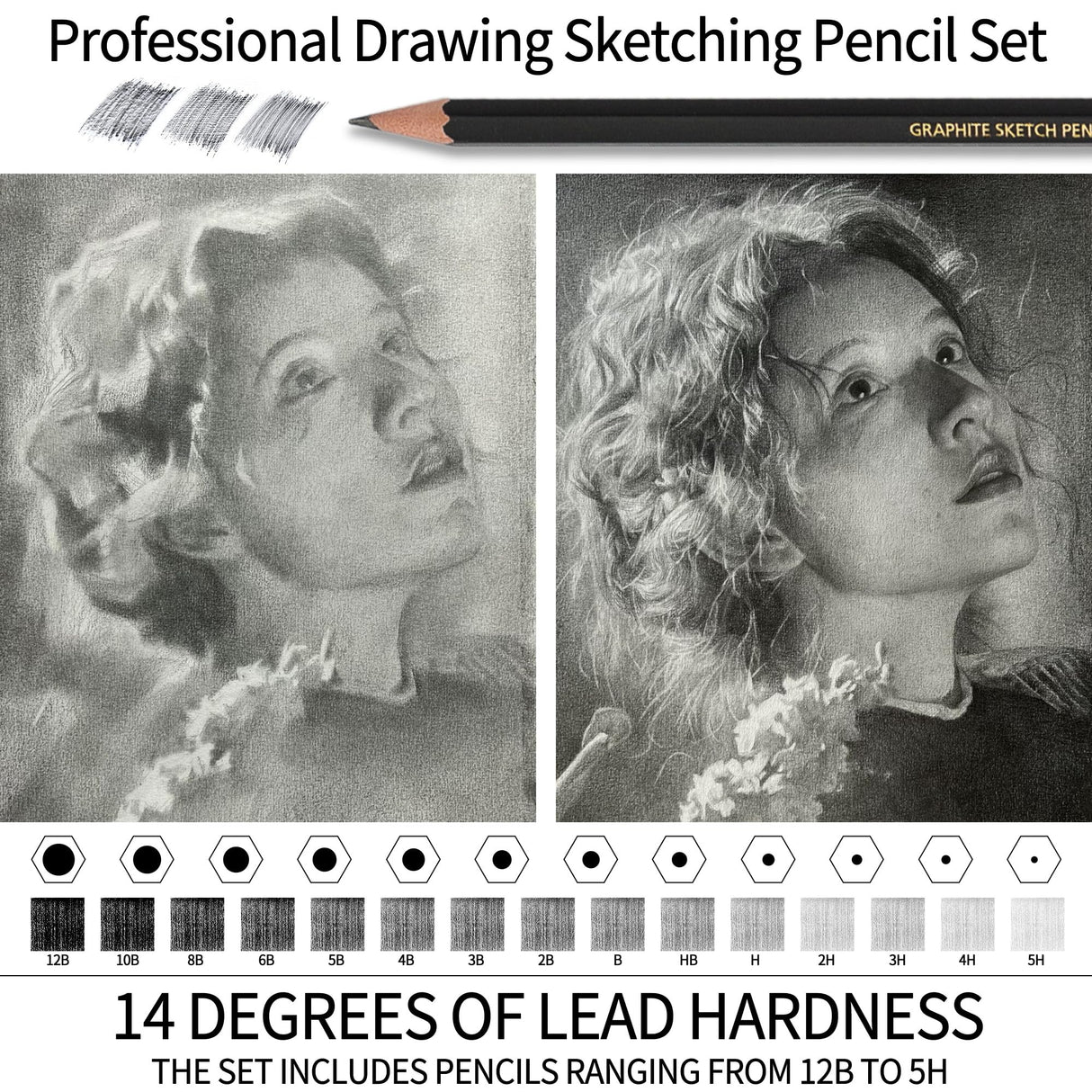 Qionew Professional Sketching Pencil for Drawing,14 Pack, Graphite Pencils, (12B-5H), Art Pencils for Drawing and Shading, Sketching, Ideal for Beginners & Pro Artists Qionew