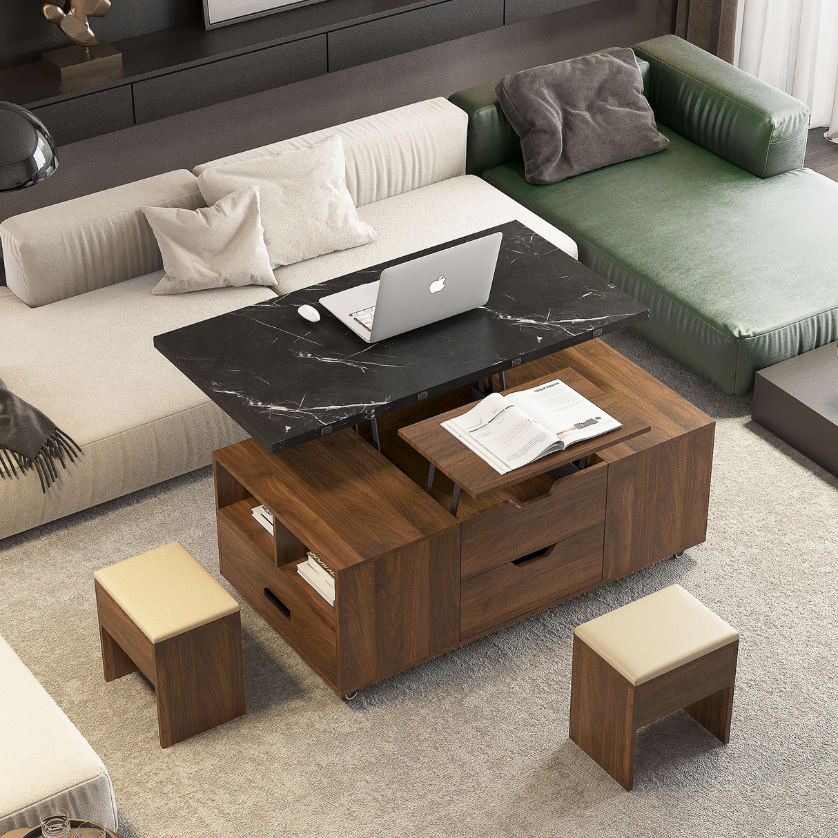TRJQBCC 45" Lift Top Coffee Table, Modern Coffee Table with 2 Stools Set, Space Saving Center Table Folding Dining Table with 2 Drawers & Expandable Hidden Storage for Living Room, Office (Wood) TRJQBCC