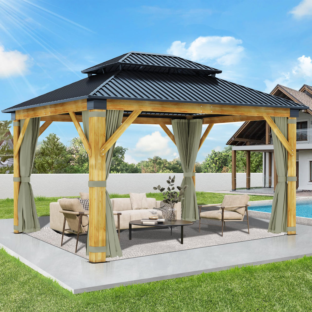GARTOO 13’x15’ Patio Wooden Gazebo, Galvanized Steel Roof Gazebo with Olive Green Curtains and Netting, Double Vented Roof Hardtop Gazebo for Garden, Porch, Lawn, Poolside, Backyard GARTOO