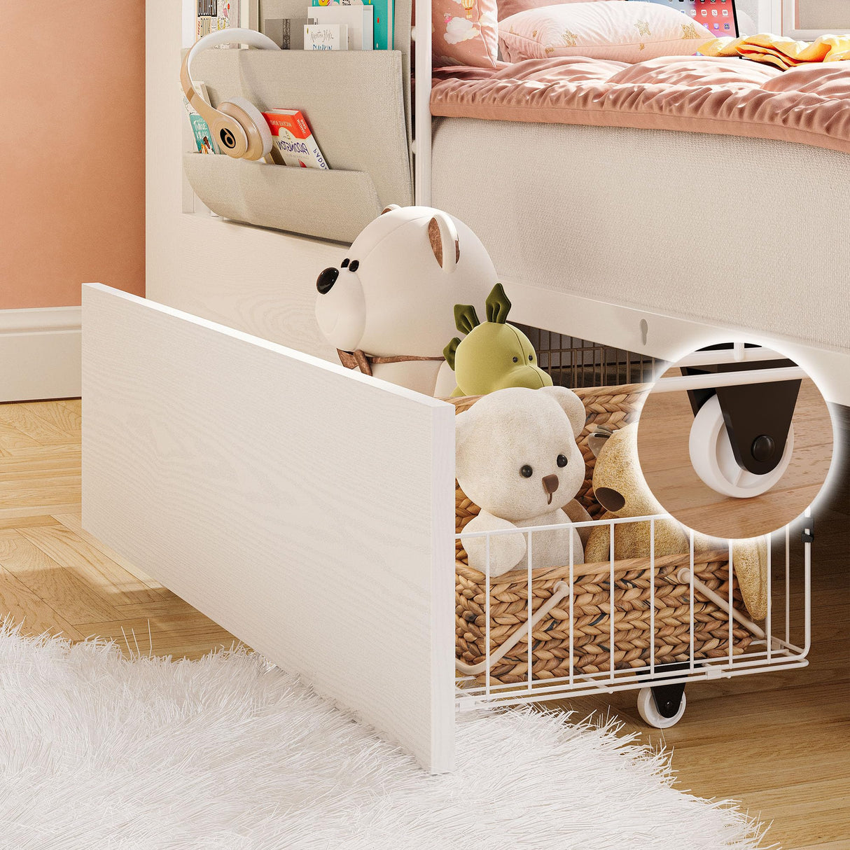 IRONCK Twin Bed Frame with Rails, Farmhouse Platform Bed with 2 Drawers, Upholstered StorageHeadboard & Charging Station for Boys Girls Teens, No Box Spring Needed, White/Walnut IRONCK