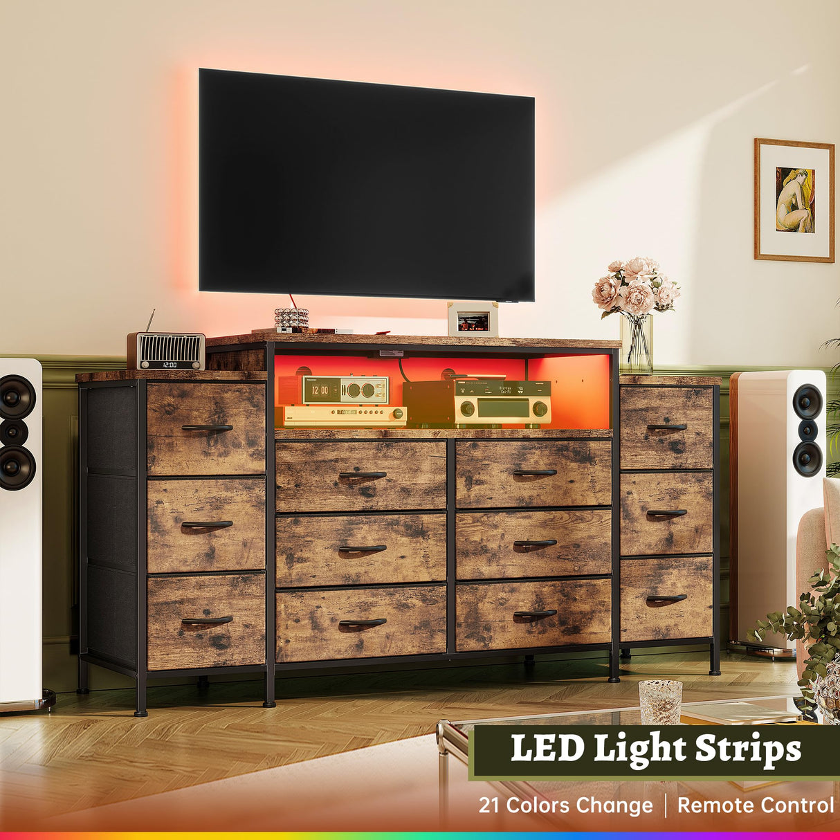 EnHomee 55" W Dresser for Bedroom with LED Lights & Charging Station 12 Drawer Dressers & Chests of Drawers Dresser TV Stand for Bedroom for Hanging 65" TV, Metal Frame & Fabric Drawers, Rustic Brown EnHomee