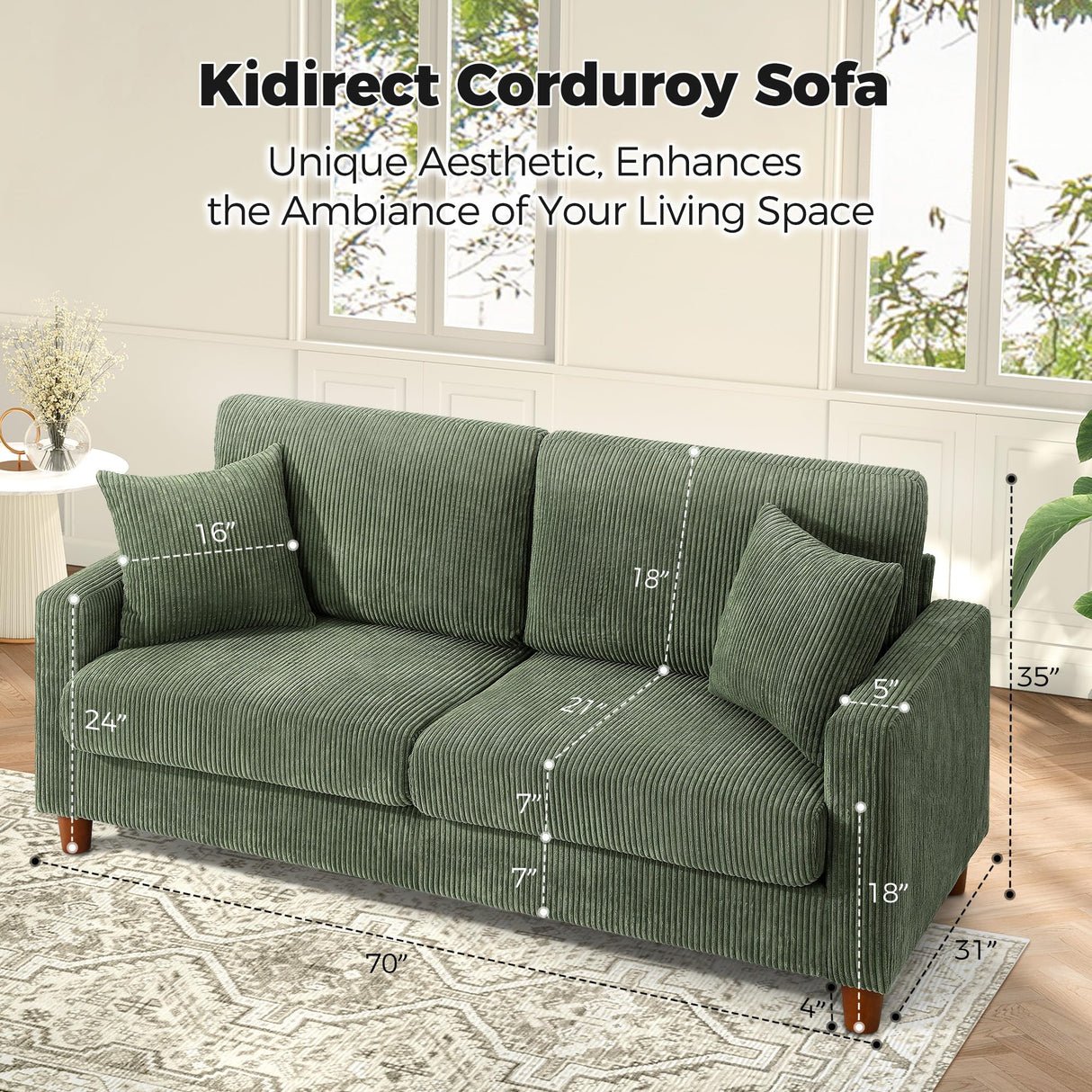 Kidirect 70in Corduroy Couch, Sofas for Living Room No Tool Assembly, Comfy Couches for Living Room 21in Deep Seats, Oversized Loveseat Sofa with 2 Pillows, 3 Seater Couch for Bedroom, Green Sofa Kidirect