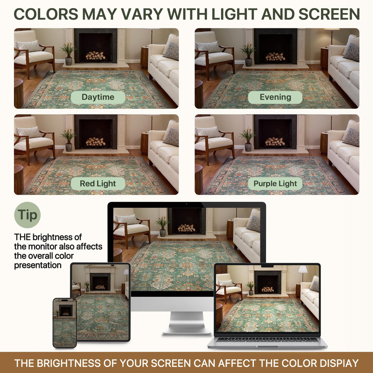Bavni Washable Area Rugs 8x10 Green Boho Rug Tumble Vintage Large Carpet for Living Room Bedroom Dining Room, Non Slip Thin Low Pile Chenille, Dark Sage/Gold Bavni