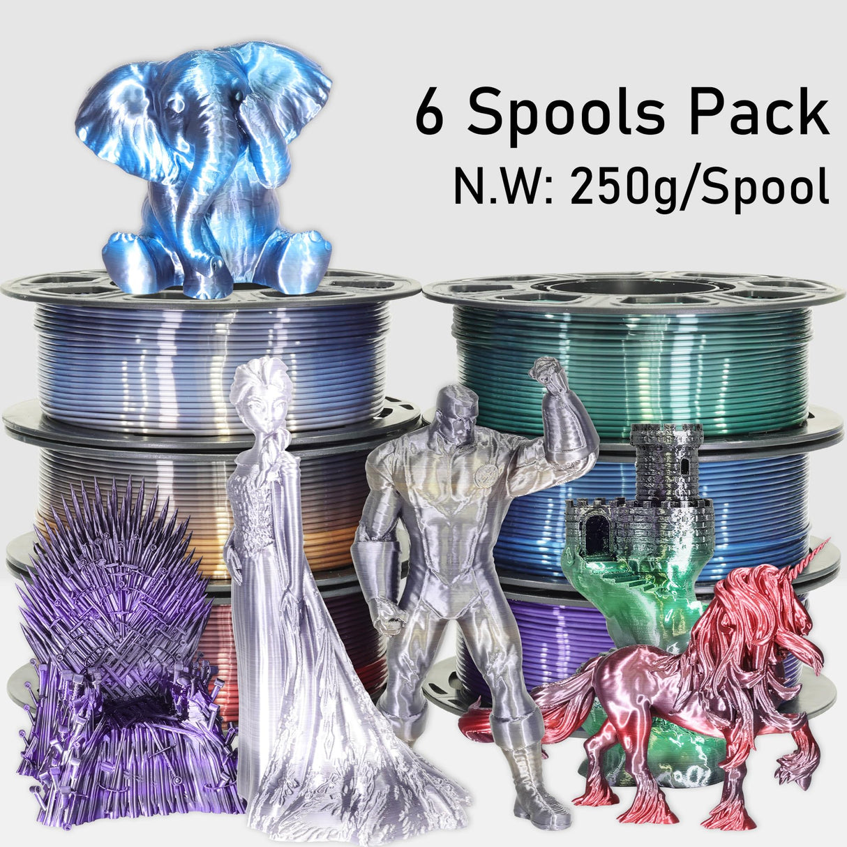 MIKA3D 6 Spools Fast 2 Color Change Silk PLA 3D Printer Filament Bundle, Silk Black Color Change to White/Red/Orange/Blue/Purple/Green, Each Spool 250g, Total 1.5kg Silk PLA Bundle 250g X 6 MIKA3D