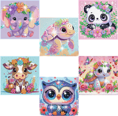 6 Pack 5D Cartoon Diamond Painting Kits for Beginners, Cute Animals DIY Diamond Art Kit, Full Round Drill Big Gem Art, Home Wall Decoration 6X6 inch