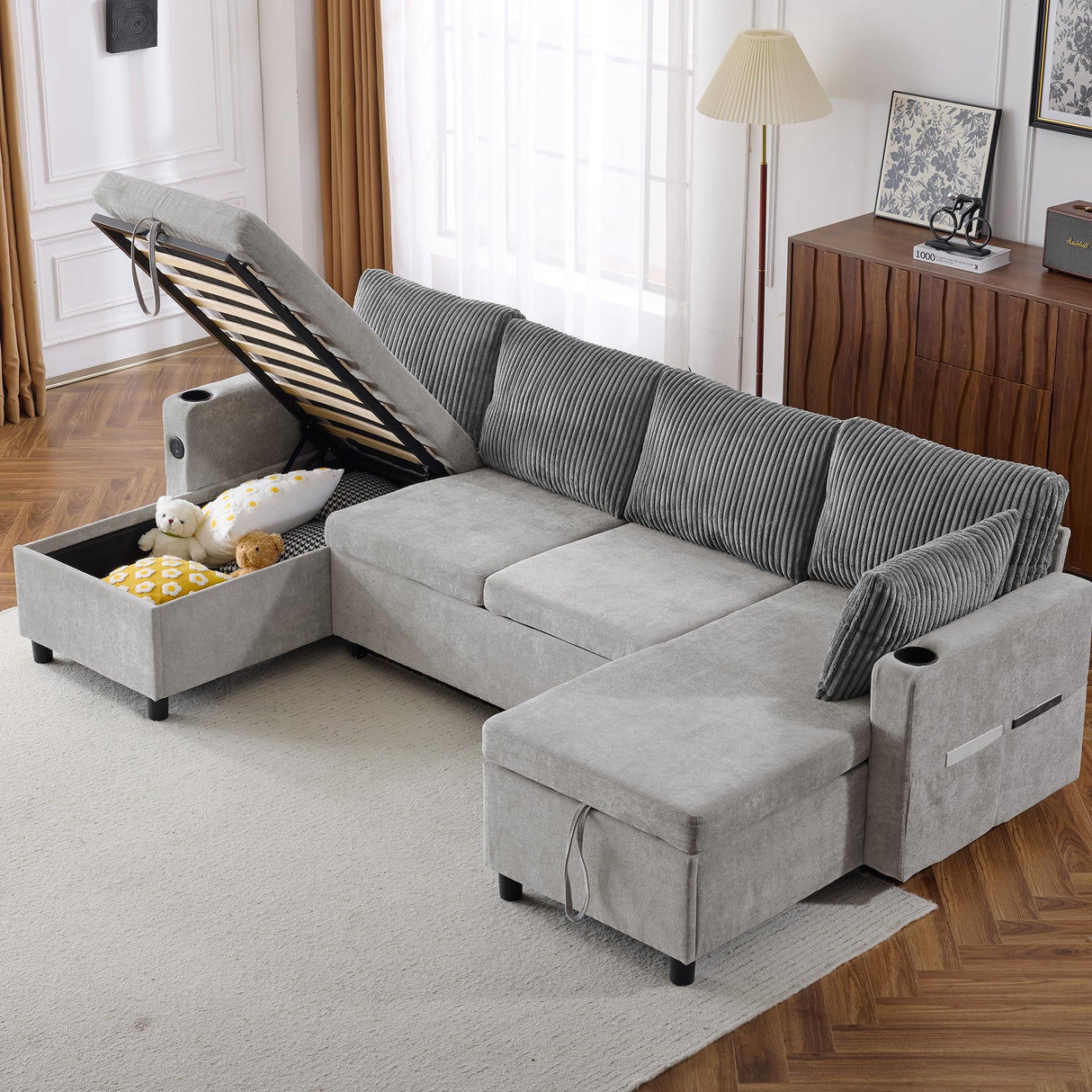 Merax Pull-Out Sofa Bed Sleeper Pull Out Sectional Couch with Storage, USB, Cup Holder for Apartment Living Room, Gray Merax