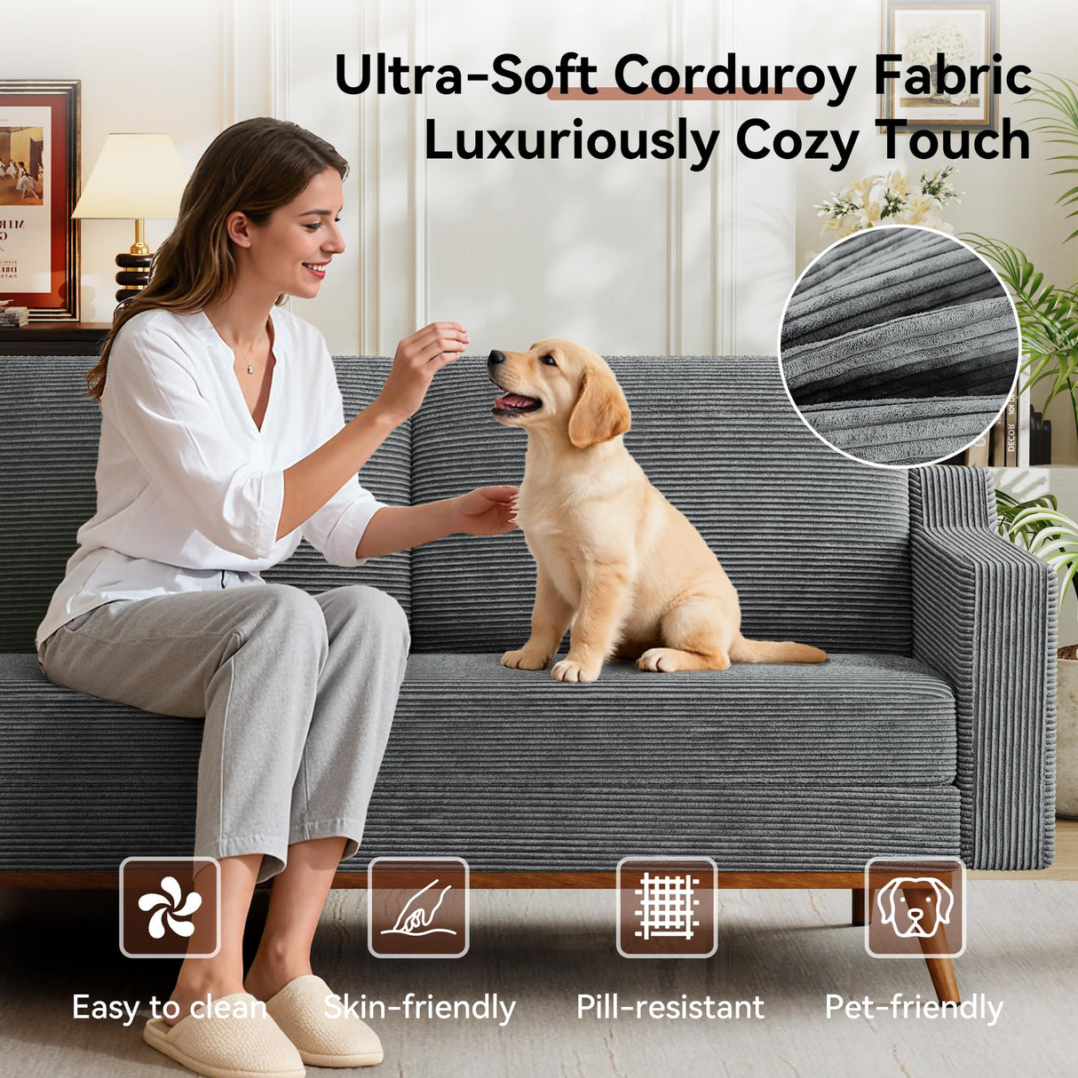 Vipbear 65.4" Loveseat Sofa Grey Corduroy Couch, Mid-Century Modern Small Couches for Living Room, Bedroom, Office, Comfy Sofa with Spring Cushion, Solid Wood Frame, Tool-Free Assembly Vipbear