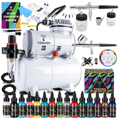 T TOGUSH Airbrush Kit with Air Compressor, 15 Color Airbush Paint, Gravity Airbrush And Siphon Airbrush, 1/6 HP Quiet Air Compressor with 3L Tank, Airbrush for Model Hobby Craft DIY Painting