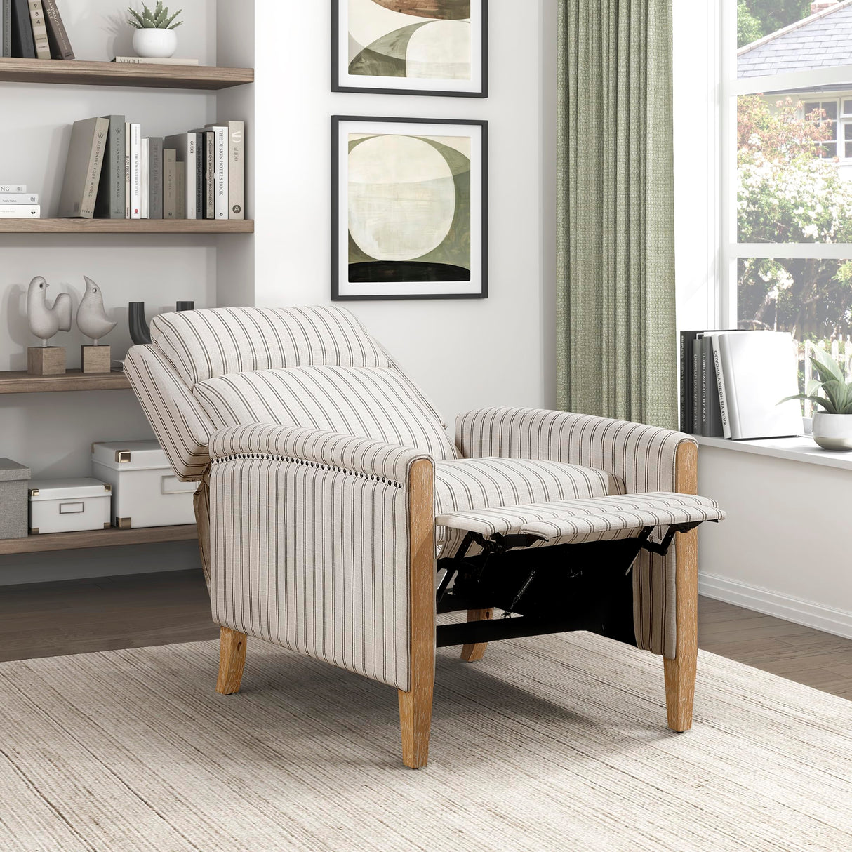Lexicon Pushback Recliner Chair, Striped Textured Fabric Accent Armchair, Push Back Recliner, Nailhead Trim, Solid Wood Legs, Easy Assembly for Living Room/Office/Apartment, White/Grey Lexicon